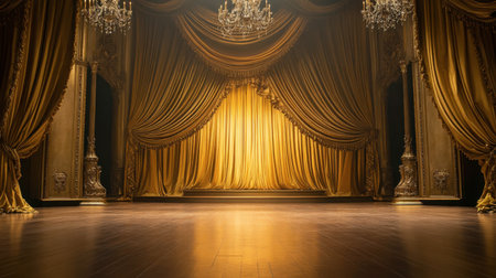 A stunning stage with gold-accented drapery, ornate wooden floors, and an inviting ambiance for dramatic performances.の素材