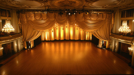 A stunning stage with gold-accented drapery, ornate wooden floors, and an inviting ambiance for dramatic performances.の素材