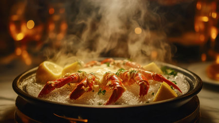 A steaming platter of crab legs served with melted butter and lemon wedges on the side.の素材