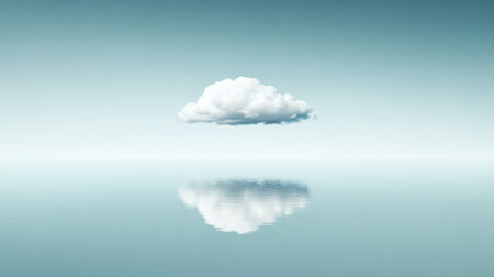 A still lake reflecting a lone cloud in a pale, blue sky.の素材