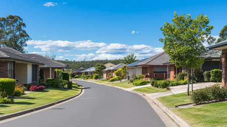 A suburban street bathed in sunlight, showcasing well-maintained houses, clean pavements, and green foliage.の素材
