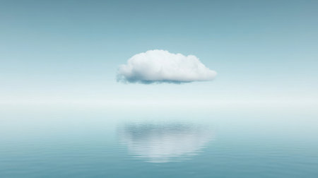 A still lake reflecting a lone cloud in a pale, blue sky.の素材
