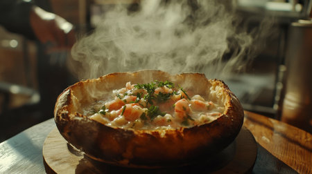 A steaming bread bowl of seafood chowder, garnished with fresh parsley, on a wooden table adorned with rustic charm.の素材