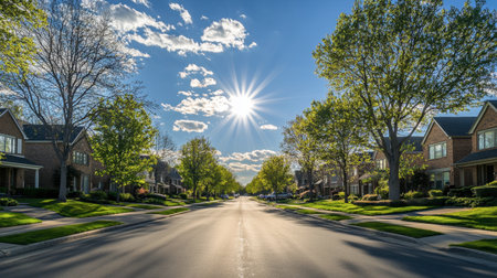 A sunny suburban avenue with houses arranged in symmetry, shaded by leafy trees against a serene sky.の素材