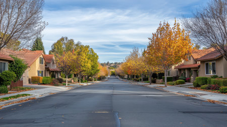 A sunny suburban avenue with houses arranged in symmetry, shaded by leafy trees against a serene sky.の素材