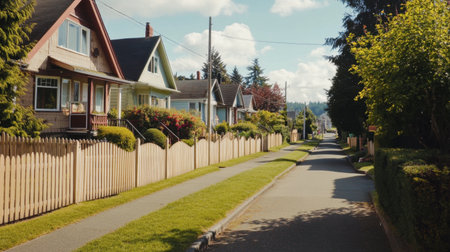 A suburban street on a sunny day featuring homes with picket fences, green lawns, and friendly surroundings.の素材
