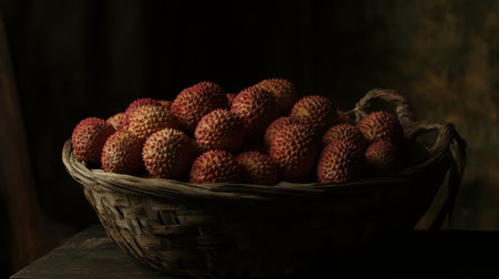 A sweet lychee sits in a traditional basket, its textured skin adding depth to the image.の素材