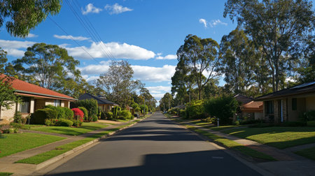 A sunny suburban street with rows of neatly lined houses, lush green trees, and a bright blue sky overhead.の素材