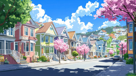 A sunny suburban street showing a friendly neighborhood with well-kept homes and a welcoming atmosphere.の素材