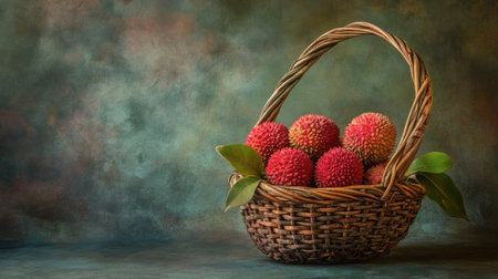 A sweet lychee sits in a traditional basket, its textured skin adding depth to the image.の素材