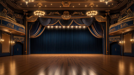 A theater stage adorned with navy curtains, antique golden lights, and freshly polished wooden floors creating an inviting vibe.の素材