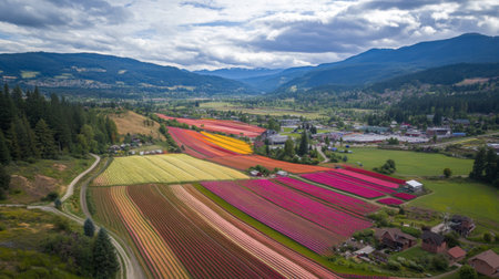 A stunning panoramic view of Flora Park's flower fields, showcasing an array of hues from pinks to yellows and purples.の素材