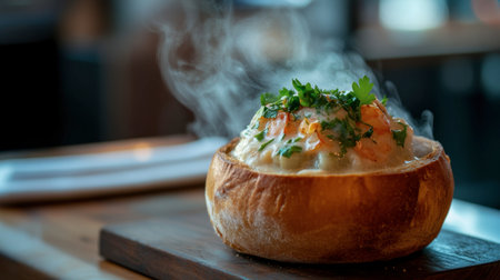 A steaming bread bowl of seafood chowder garnished with fresh parsley on a rustic wooden table setting.の素材