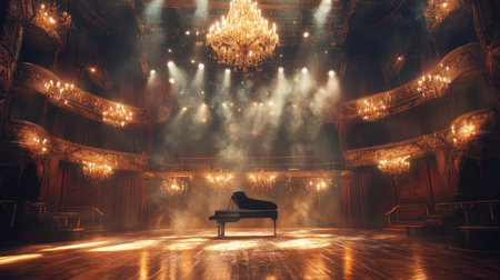 A stunning stage ready for a gala, with glowing lights, velvety curtains, and intricately designed wooden floors.の素材