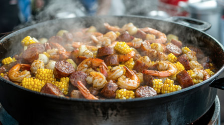 A steaming seafood boil with shrimp, sausage, corn, and potatoes in a spicy Cajun sauce.の素材