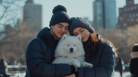A stylish couple bundled in warm coats with their fluffy white dog, captured on a sunny winter morning in a lively city park.の素材
