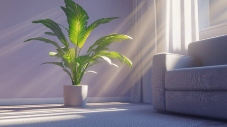 A serene pastel living room with muted lavender walls, soft gray furniture, and a large indoor plant.の素材