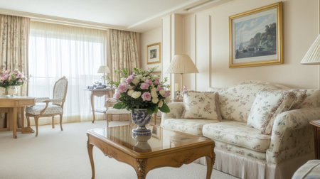 A spacious pastel living room with soft-toned furniture, sheer drapes, and a vase of fresh flowers on the coffee table.の素材