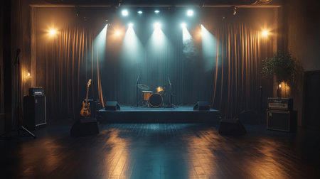 A stage setting for musical performances with soft velvet curtains, bright spotlights, and a dark, glossy wooden floor.の素材