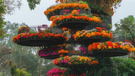 A spectacular vertical garden at Flora Park, designed to showcase vibrant flowers in a cascading arrangement.の素材