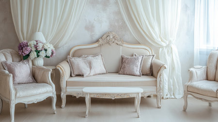 A soft pastel living room with cream-colored furniture, light wood decor, and delicate white curtains.の素材