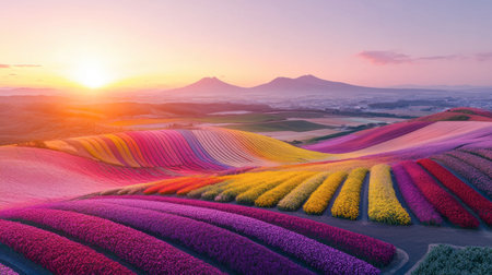 A stunning panoramic view of Flora Park's flower fields, showcasing an array of hues from pinks to yellows and purples.の素材