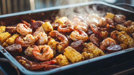 A steaming seafood boil with shrimp, sausage, corn, and potatoes in a spicy Cajun sauce.の素材