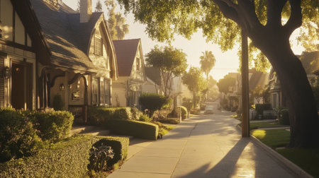 A sunny suburban neighborhood with charming houses, clean sidewalks, and tree shadows adding texture to the street.の素材