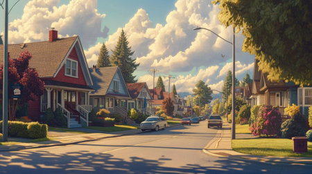 A sunny suburban street showing a friendly neighborhood with well-kept homes and a welcoming atmosphere.の素材