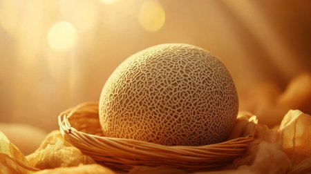 A sweet cantaloupe resting in a straw basket, surrounded by soft, warm lighting.の素材