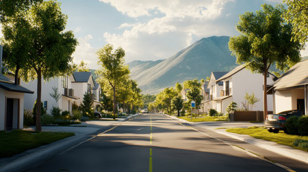 A sunny suburban road featuring modern homes with clean lines, green spaces, and a warm neighborhood vibe.の素材