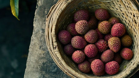 A sweet lychee sits in a traditional basket, its textured skin adding depth to the image.の素材