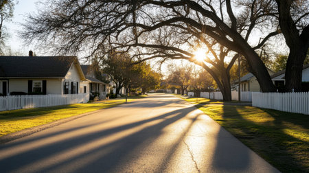 A sunny suburban road with family homes, white picket fences, and tree shadows dancing on the pavement.の素材