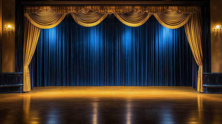 A theater stage adorned with navy curtains, antique golden lights, and freshly polished wooden floors creating an inviting vibe.の素材