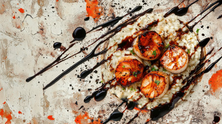 A top view of seared scallops on a bed of creamy risotto with a drizzle of balsamic glaze.の素材