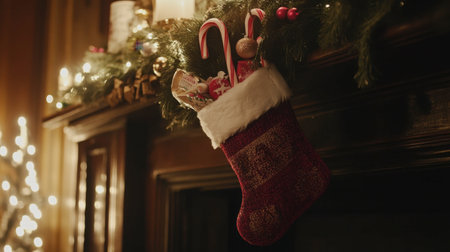 A traditional Christmas stocking stuffed with candy canes, small toys, and treats hanging on a mantelpiece.の素材