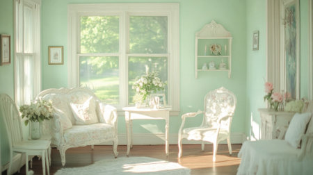 A tranquil pastel living room with pale mint walls, soft white furniture, and a small decorative shelf.の素材