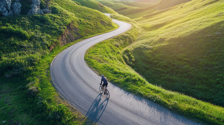 A tranquil hillside cycling path with a curving road, vibrant natural beauty, and a cyclist savoring the moment.の素材