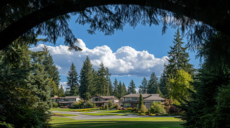 A tranquil suburban scene with beautiful houses framed by tall green trees and a vibrant blue sky.の素材