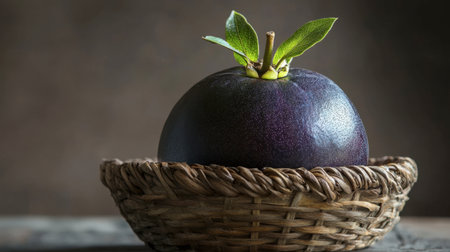 A tropical mangosteen resting in a woven basket, its rich purple hues complemented by its green crown.の素材