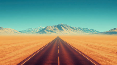 A vast desert plain with a distant mountain range and a single road.の素材