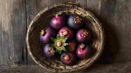 A tropical mangosteen resting in a woven basket, its rich purple hues complemented by its green crown.の素材