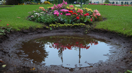A unique perspective of Flora Park's flower garden, with blooms reflecting in a nearby puddle.の素材