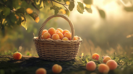 A vibrant apricot sits in a delicate basket, surrounded by hints of greenery.の素材