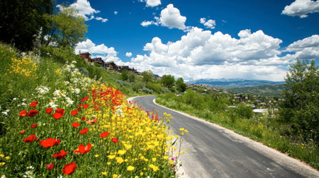 A vibrant hilltop cycling scene with a curving road, breathtaking views, and colorful wildflowers lining the path.の素材