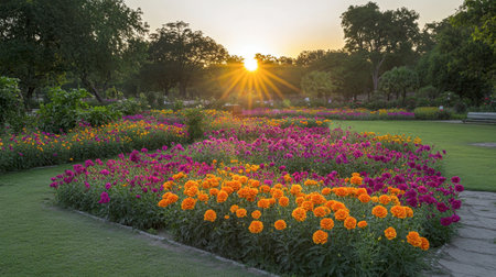 A vibrant marigold garden at Flora Park glowing in the warm evening light.の素材