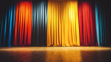 A vibrant performance stage with lush curtains, colorful ambient lighting, and beautifully crafted wood planks.の素材