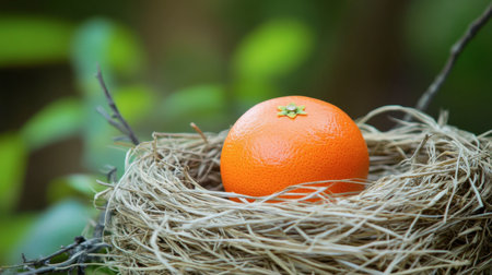 A vibrant orange nestled in a simple straw basket, with a blurred background of greenery.の素材