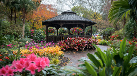 A view of Flora Park's garden with a picturesque gazebo surrounded by a sea of colorful flowers.の素材