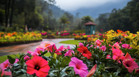 A vibrant hibiscus garden at Flora Park showcasing the bold, tropical flowers in their full glory.の素材